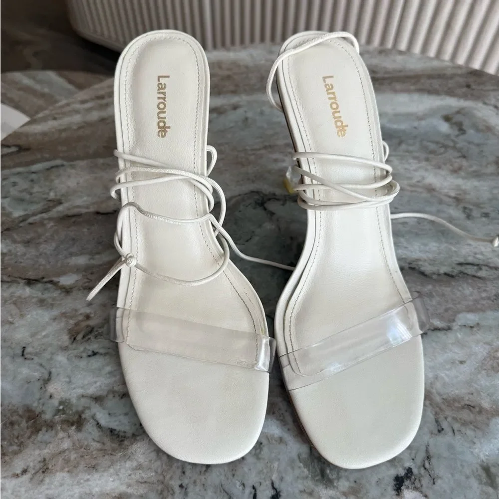 Larroude Gloria Clear Heels Ivory Lace Up Sandals Size 8 Ankle-Tie Sandal
